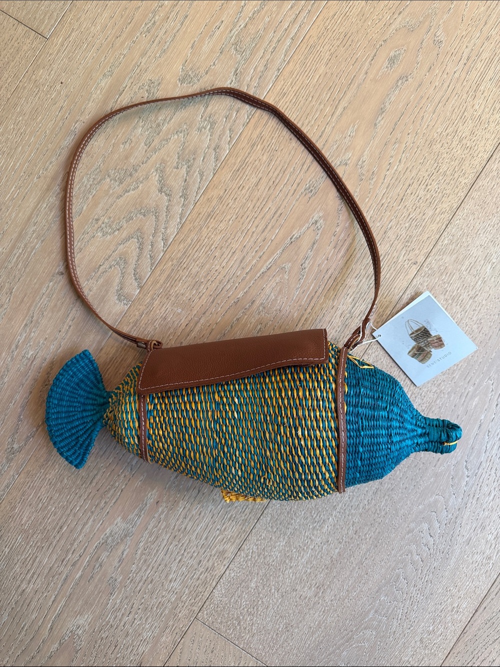 Woven Teal & Mustard Fish Shoulder Bag with Brown Trim